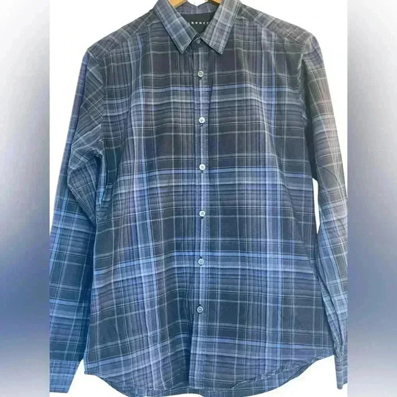 Theory Men’s Zac PS Aviston Plaid Button Down Shirt Medium Blue Black Office - Picture 2 of 9